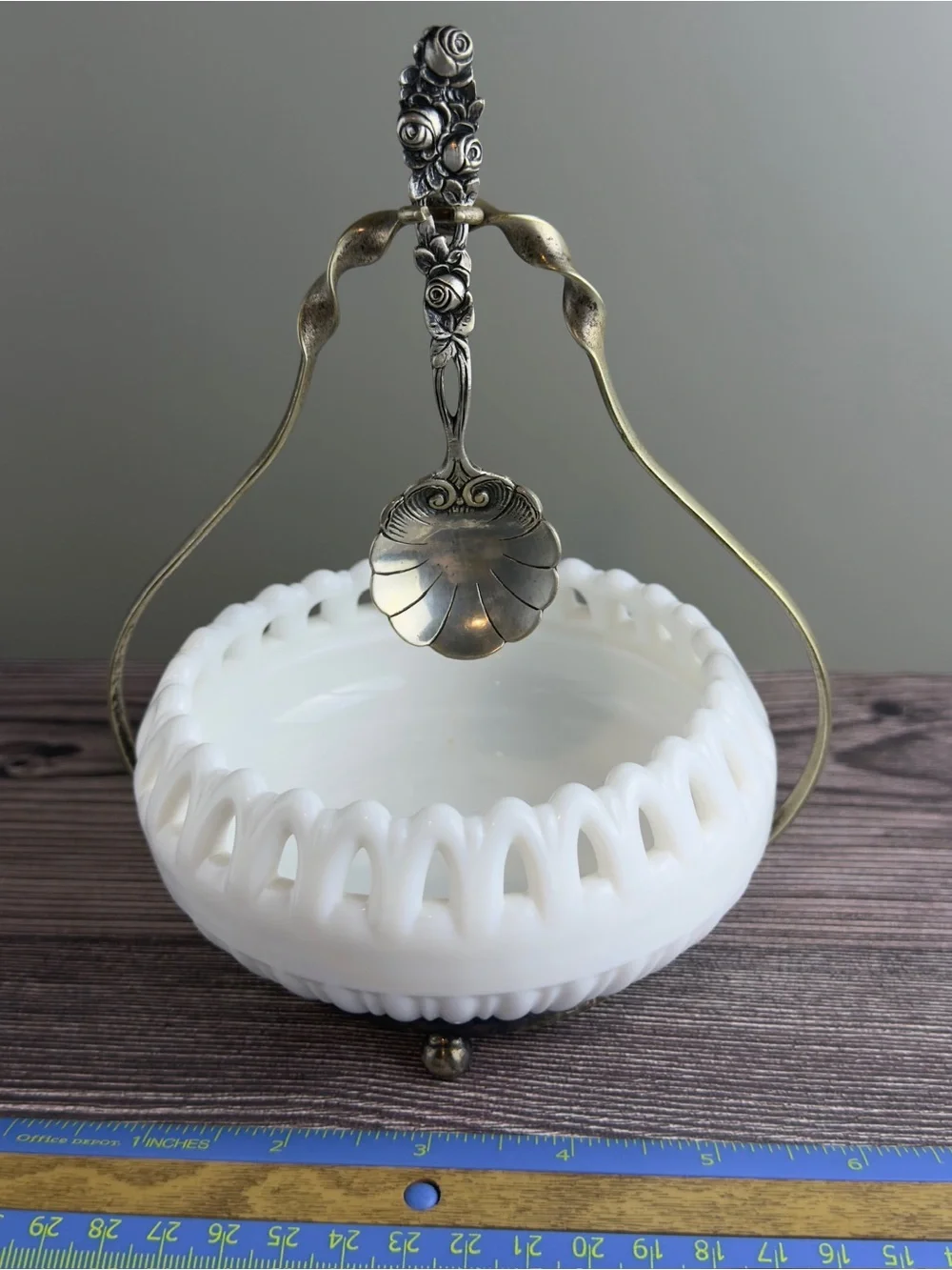 Vintage Milk Glass Lot + Silver Stand & 2 Silver Spoons – Elegant Serving Set